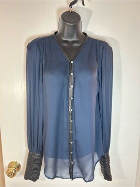 Elizabeth And James Navy Silk and Leather Chantal Blouse Size XS